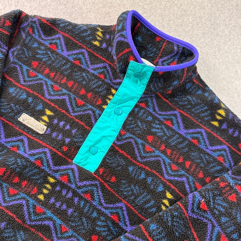 Vintage Columbia Fleece Snap Pullover Youth M USA Aztec Pattern Teal Trim 90s